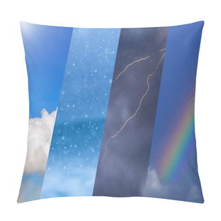 Personality  Weather Forecast Background - Variety Weather Conditions, Bright Sun And Snowfall, Dark Stormy Sky With Rainbow. Pillow Covers
