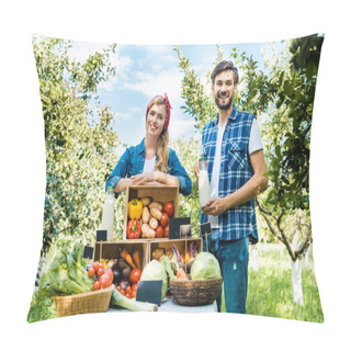 Personality  Smiling Couple Of Farmers Looking At Camera At Farmer Market Pillow Covers