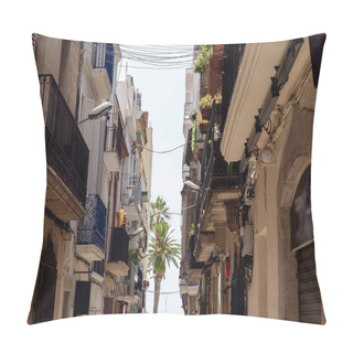 Personality  Facades Of Houses With Palm Trees And Sea At Background In Catalonia, Spain  Pillow Covers