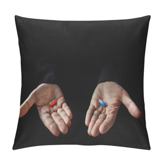 Personality  Red And Blue Pills On Hand Isolated Pillow Covers