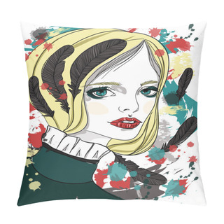 Personality  Portrait Of Beautiful Girl With Black Feathers In Her Hair. Fashion Illustration On Abstract Background. Print For T-shirt Pillow Covers