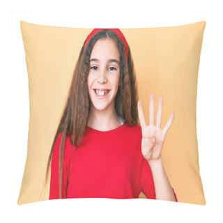 Personality  Cute Hispanic Child Girl Wearing Casual Clothes And Diadem Showing And Pointing Up With Fingers Number Four While Smiling Confident And Happy.  Pillow Covers