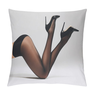 Personality  Slim Woman In Black Pantyhose Lying On White Background Pillow Covers