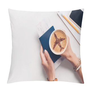 Personality  Cropped Shot Of Woman Holding Cup Of Coffee With Plane Sign At Tabletop With Passport, Smartphone And Ticket, Traveling Concept Pillow Covers