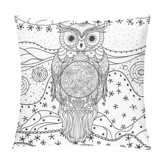 Personality  Abstract Eastern Pattern With Owl On Isolated White. Zentangle. Hand Drawn Abstract Patterns On Isolation Background. Design For Spiritual Relaxation For Adults. Black And White Illustration Pillow Covers