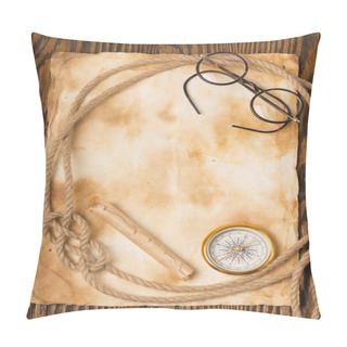 Personality  Compass, Rope And Glasses On Old Paper Pillow Covers