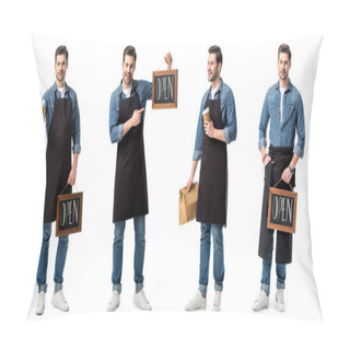 Personality  Collage Of Handsome Salesperson In Apron Holding Sign, Cup Of Coffee And Paper Bag Isolated On White Pillow Covers