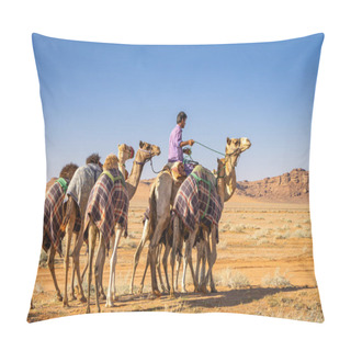 Personality  Middle East, Saudi Arabia, Tabuk Province, Tayma. November 15, 2023. Camel Trainer With Small Herd Of Young Animals. Pillow Covers