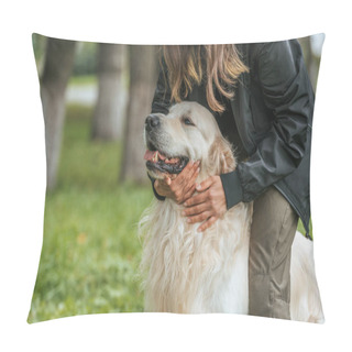 Personality  Cropped Shot Of Girl Hugging Cute Funny Dog In Park Pillow Covers