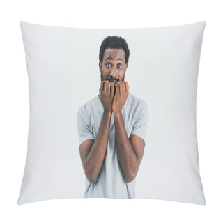 Personality  Worried African American Man In Grey T-shirt, Isolated On Grey Pillow Covers
