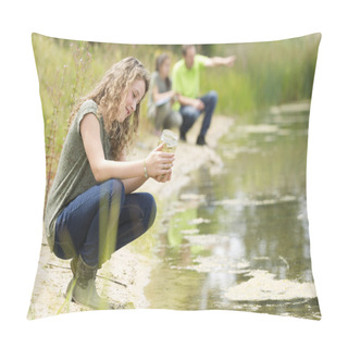 Personality  Pretty Young Girls Having Outdoor Science Lesson  Exploring Natu Pillow Covers
