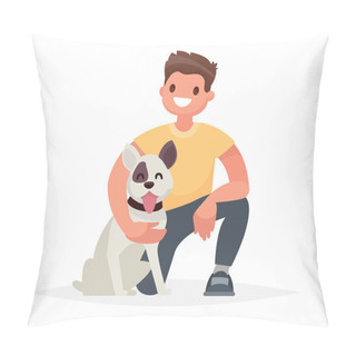 Personality  Man With The Dog. Caring For A Four-footed Friend. Vector Illust Pillow Covers