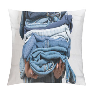 Personality  Partial View Of Woman With Stacked Denim Clothes, Banner Pillow Covers