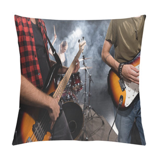 Personality  KYIV, UKRAINE - AUGUST 25, 2020: Musicians Playing Electric Guitars With Smoke And Blurred Female Drummer On Background Pillow Covers