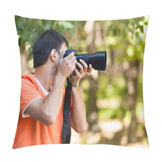 Personality  Young Man Taking Pictures In The Woods Pillow Covers