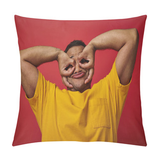 Personality  Funny Indian Man In Yellow T-shirt Grimacing And Gesturing On Red Backdrop, Expressive Face Pillow Covers
