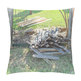 Personality  Pile Of Aged Fencing Panels Near New Lumber Boards Fence Of Suburban Residential House In Texas, USA Pillow Covers