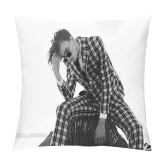 Personality  Elegant Young Handsome Man. Outdoors Fashion Portrait. Man With Glasses Pillow Covers