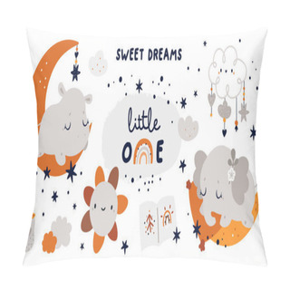 Personality  Little Baby Animals Sleeps On The Moon.  Childish Collection With Cute Baby Animals Characters: Hippo And Elephant. Vector Cartoon Doodle Elements For The Design Of Children's Things Pillow Covers