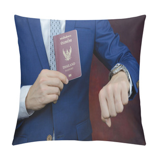 Personality  Businessman Showing Passport, Check Time On Watch Pillow Covers