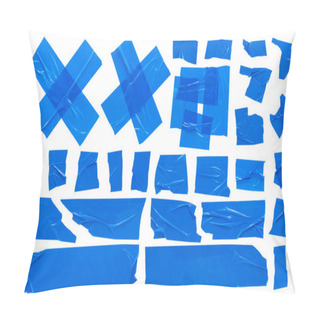 Personality  Blue Scotch Tape, Set Of Crumpled Torn Pieces Of Adhesive Tape Of Various Shapes High Resolution On White Background Pillow Covers