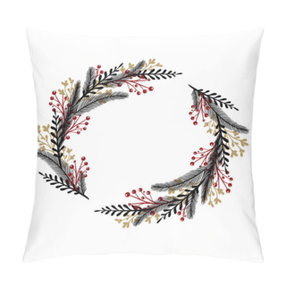 Personality  Hand Drawn Wreath With Red Berries. Round Frame For Christmas Cards And Winter Design. Isolated On White Background. Pillow Covers