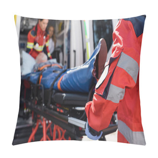 Personality  Selective Focus Of Paramedic In Uniform Carrying Stretcher With Patient In Ambulance Ca Outdoors  Pillow Covers