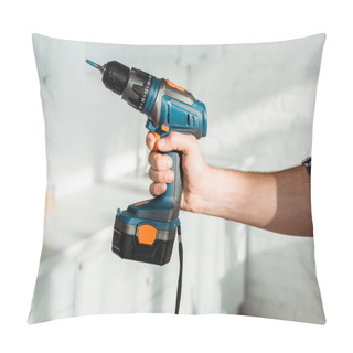 Personality  Cropped View Of Installer Holding Hammer Drill In Hand  Pillow Covers