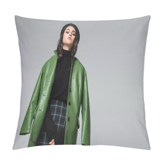 Personality  Stylish Woman In Green Leather Jacket, Checkered Skirt And Black Beret Posing Isolated On Grey Pillow Covers