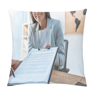 Personality  Cropped View Of Smiling Travel Agent Pointing With Pen At Signature Place In Contract Pillow Covers