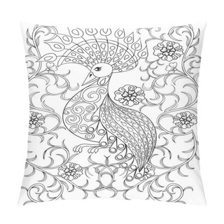 Personality  Coloring Page With Bird In Flowers, Zentangle Illustartion Bird Pillow Covers