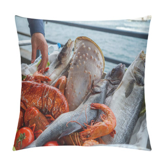 Personality  Fresh Raw Seafood Presentation On Cart At Seaside Restaurant With A Man Hand Including Fishes, Prawn, Shell, Etc. On Blurred Ocean Background, Istanbul, Turkey Pillow Covers