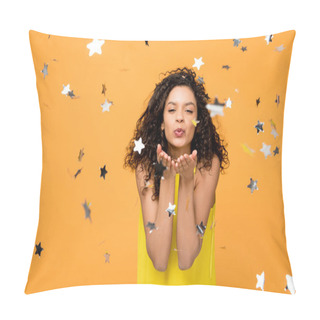 Personality  Happy Curly African American Girl In Yellow Dress Sending Kiss Near Shiny Confetti Stars On Orange  Pillow Covers