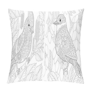 Personality  Adult Coloring Pages. Cute Birds Sitting On Tree Branches. Line Art Design For Antistress Colouring Book In Zentangle Style. Vector Illustration.  Pillow Covers
