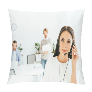 Personality  Selective Focus Of Beautiful Broker Touching Headset While Working With Coworkers  Pillow Covers