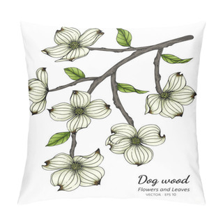 Personality  White Dogwood Flower And Leaf Drawing Illustration With Line Art On White Backgrounds. Pillow Covers