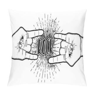Personality  Rock And Roll Sign. Hand Drawn Illustration Of Human Hand Showin Pillow Covers