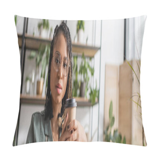 Personality  African American Florist In Stylish Eyeglasses And Dreadlocks Holding Coffee To Go And Looking At Camera In Flower Shop, Banner Pillow Covers
