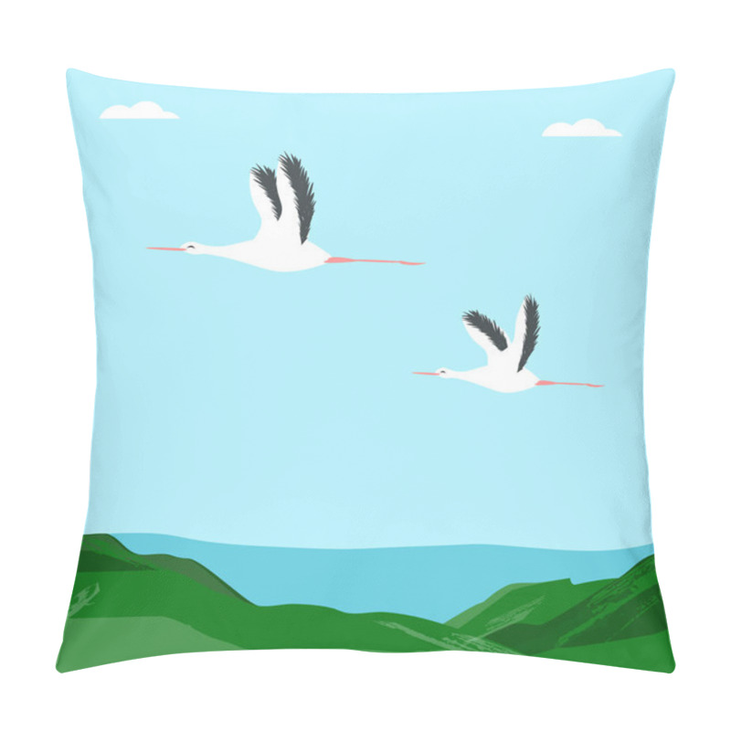 Personality  Storks fly in the blue sky, mountains, river - illustration, vector. The world of birds. Spring landscape. pillow covers