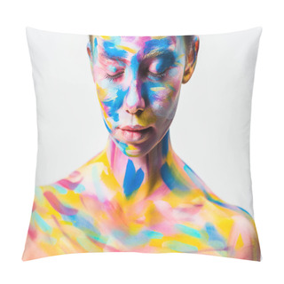 Personality  Attractive Girl With Colorful Bright Body Art And Closed Eyes Isolated On White  Pillow Covers