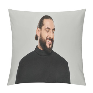 Personality  Portrait Of Good Looking Arabic Man With Beard Posing In Turtleneck And Smiling On Grey Backdrop Pillow Covers