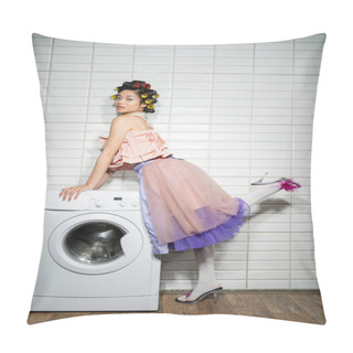Personality  Asian Young Woman With Hair Curlers Standing In Pink Ruffled Top, Pearl Necklace, Tulle Skirt And Feather Heels Near Modern Washing Machine Near White Tiles In Laundry Room, Full Length  Pillow Covers