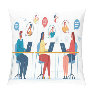 Personality  Call Center Office. Online Customer Support Operator With Headset Talking With Customer. Hotline Or Technical Support Specialists Vector Concept Pillow Covers