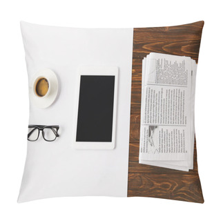 Personality  Top View Of Eyeglasses, Coffee Cup, And Digital Tablet With Blank Screen On White And Pile Of Newspapers On Wooden Background Pillow Covers
