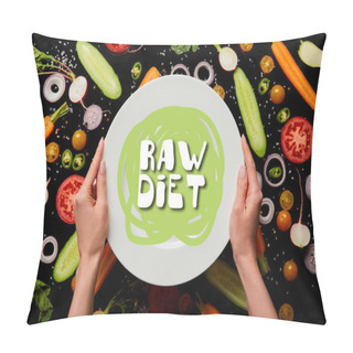 Personality  Cropped View Of Woman Holding Round Plate With Raw Diet Illustration On Vegetable Pattern Background Isolated On Black Pillow Covers