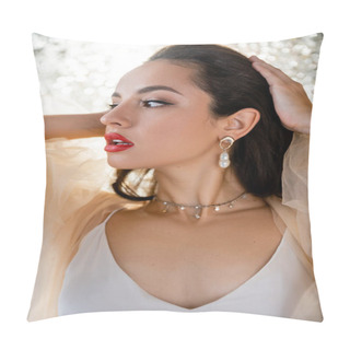 Personality  Young Glamour Woman With Red Lips Touching Hair And Looking Away On Shiny Background Pillow Covers