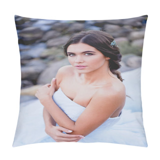 Personality  Brunette European Style On The Beach, Romantic Gazing Into The Distance. Beautiful Hair Jewelry Handmade Pillow Covers