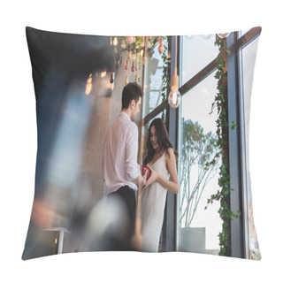 Personality  Happy Man Giving Red Gift Box To Smiling Girlfriend In Slip Dress  Pillow Covers