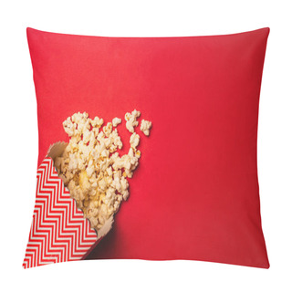 Personality  Top View Of Bucket With Tasty Popcorn On Red Background Pillow Covers