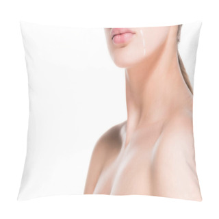 Personality  Cropped Shot Of Young Woman With Dotted Line Drawn On Face For Plastic Surgery Isolated On White Pillow Covers